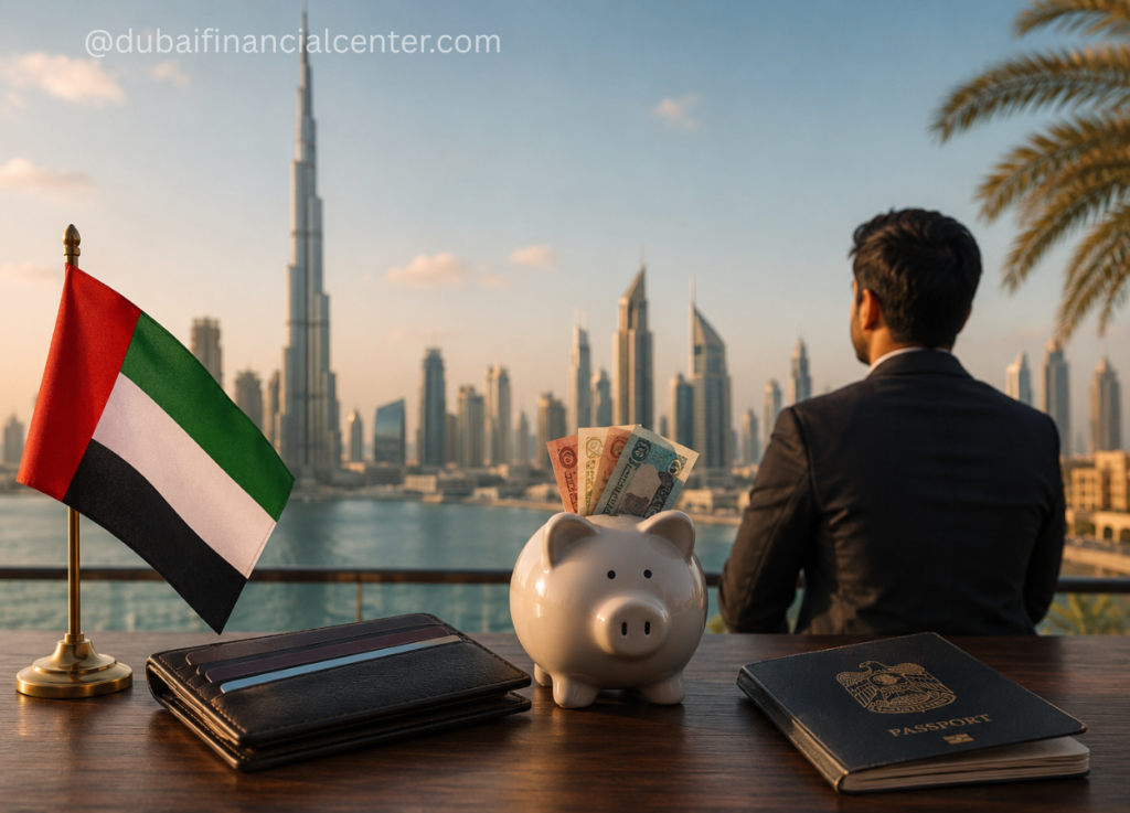 Man in a suit sits with his back to the camera, overlooking Dubai’s skyline; on the table are a UAE flag, a wallet, a white piggy bank with money, and a passport — suggesting finance or travel.